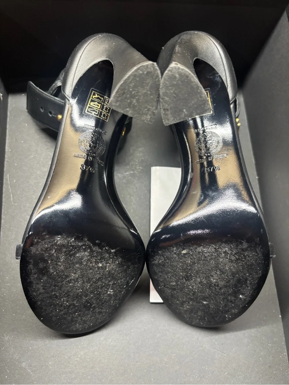 Versace Black Leather Heels with Gold Medusa Accent